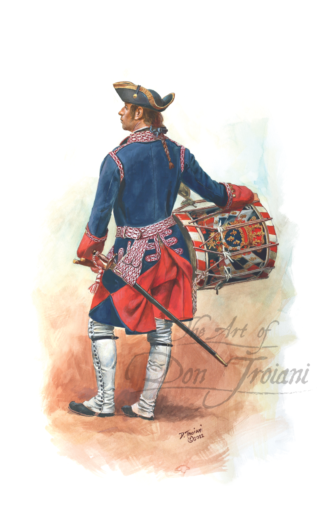 Illustration of a drummer in colonial military uniform with a drum on a white background