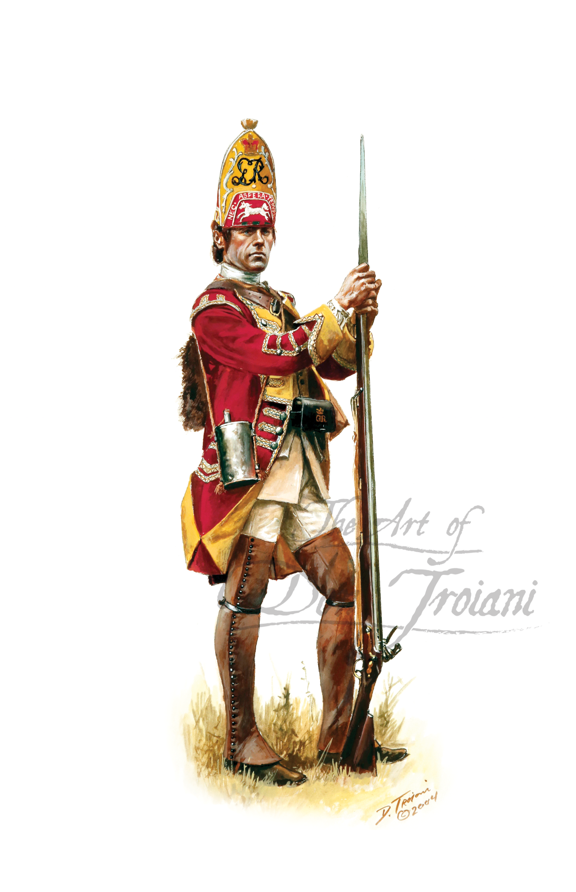 Illustration of a soldier in historical military uniform holding a rifle on a white background.