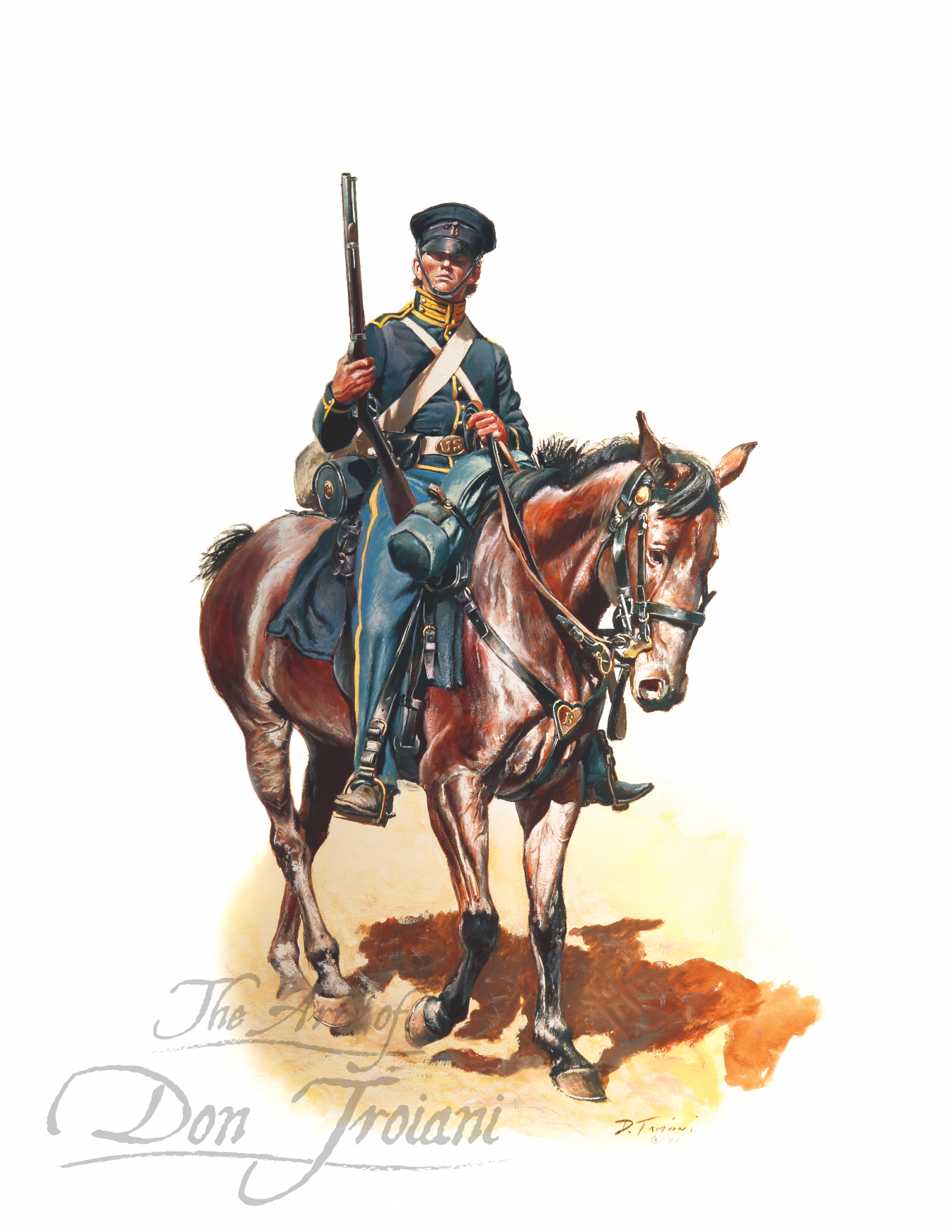 Trooper, 1st Regiment, U.S. Dragoons. Painting of a soldier on horseback with 'The Art of Don Troiani' signature.