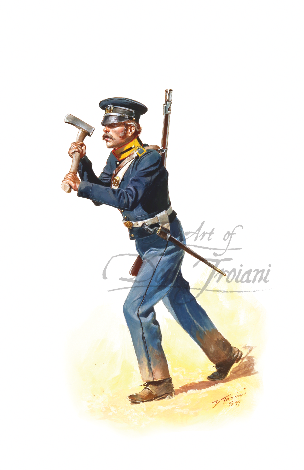 U.S. Army Corps of Engineers. Illustration of a soldier in uniform holding a rifle and axe on a white background