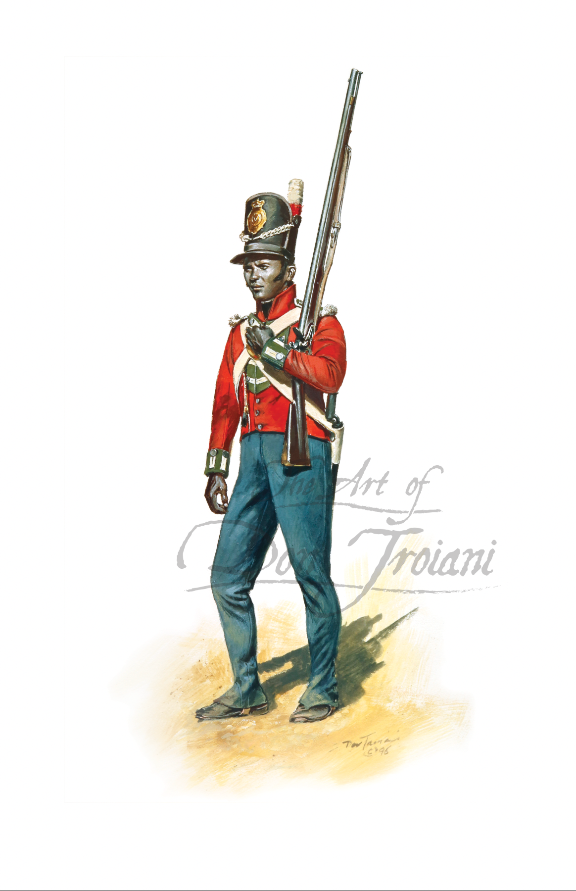 5th West India Regiment 1814 Illustration of a soldier in red uniform with a rifle on a white background