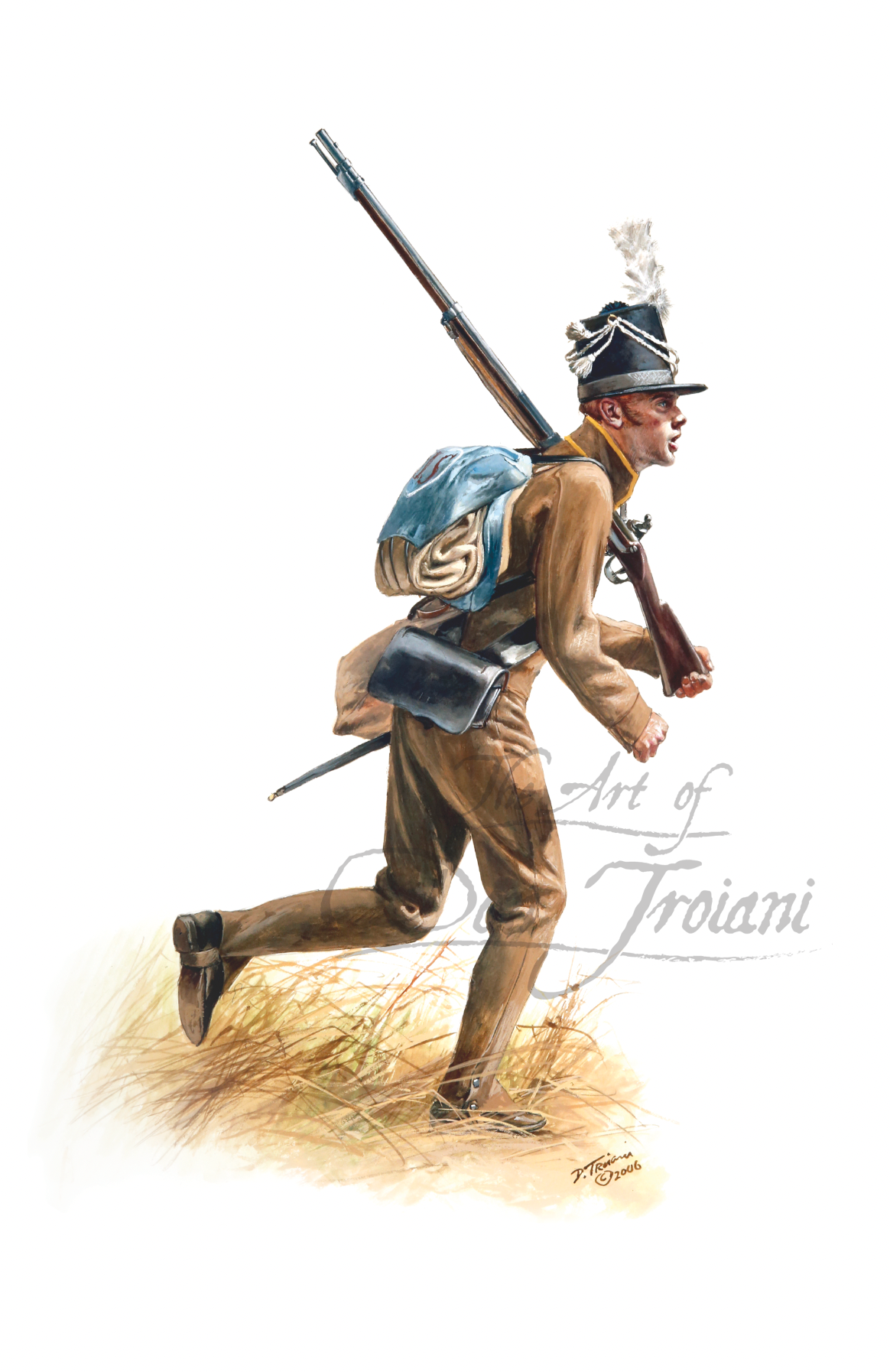 17th U.S. Infantry at the Raisin River. Illustration of a soldier in uniform with a rifle and backpack on a white background.