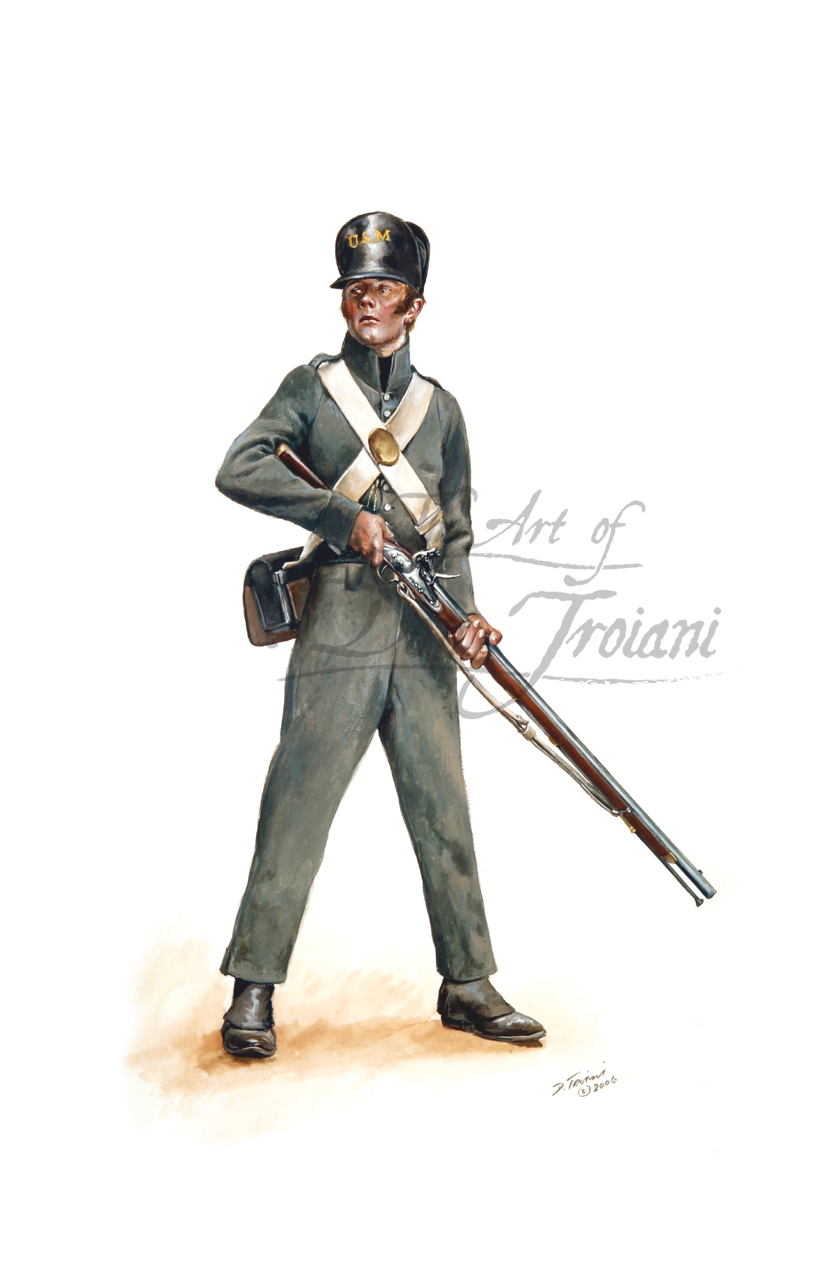 U.S. Marine, 1812. Illustration of a soldier in uniform holding a rifle on a white background.