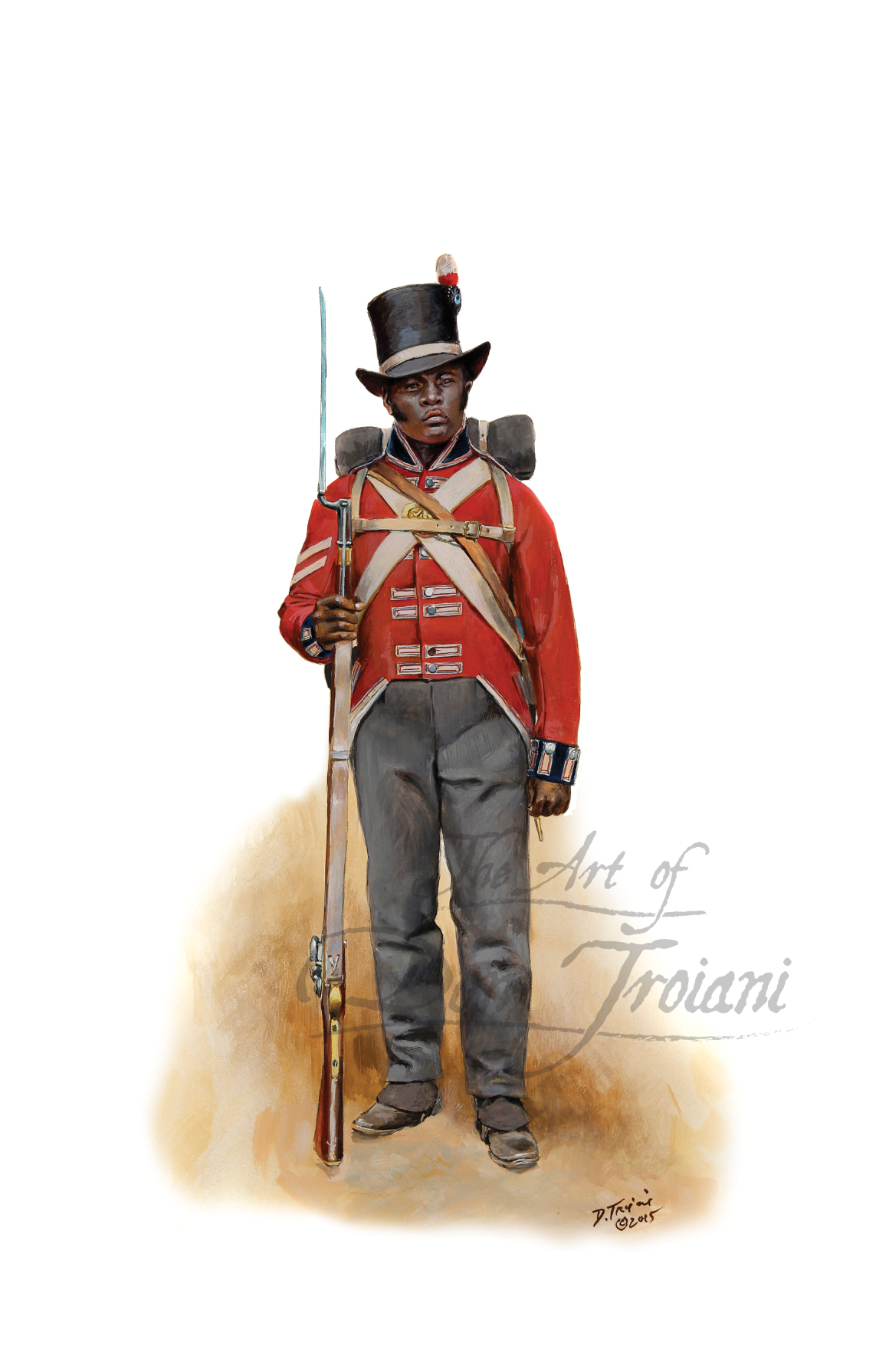 Black Royal Colonial Marine. Painting of a British soldier in red uniform with a rifle on a white background