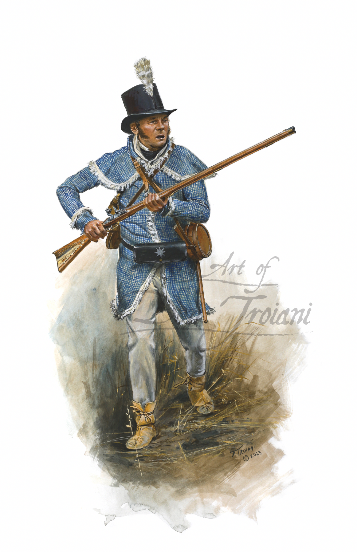 Orleans Rifle Company, Beale's Rifles. Illustration of a colonial soldier in blue uniform with a rifle, standing on a textured white background.