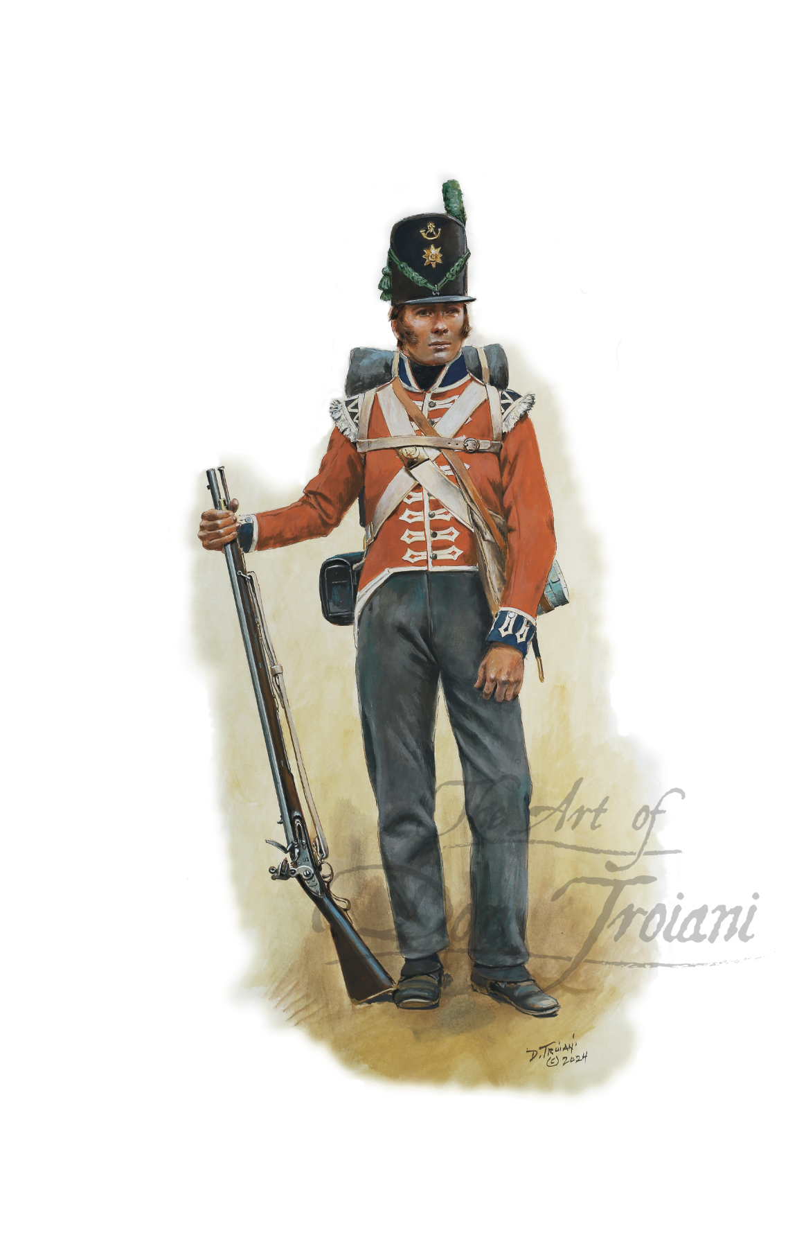 1st Foot Guards, Light Company, 1815 Painting of a soldier in historical uniform holding a rifle on a white background