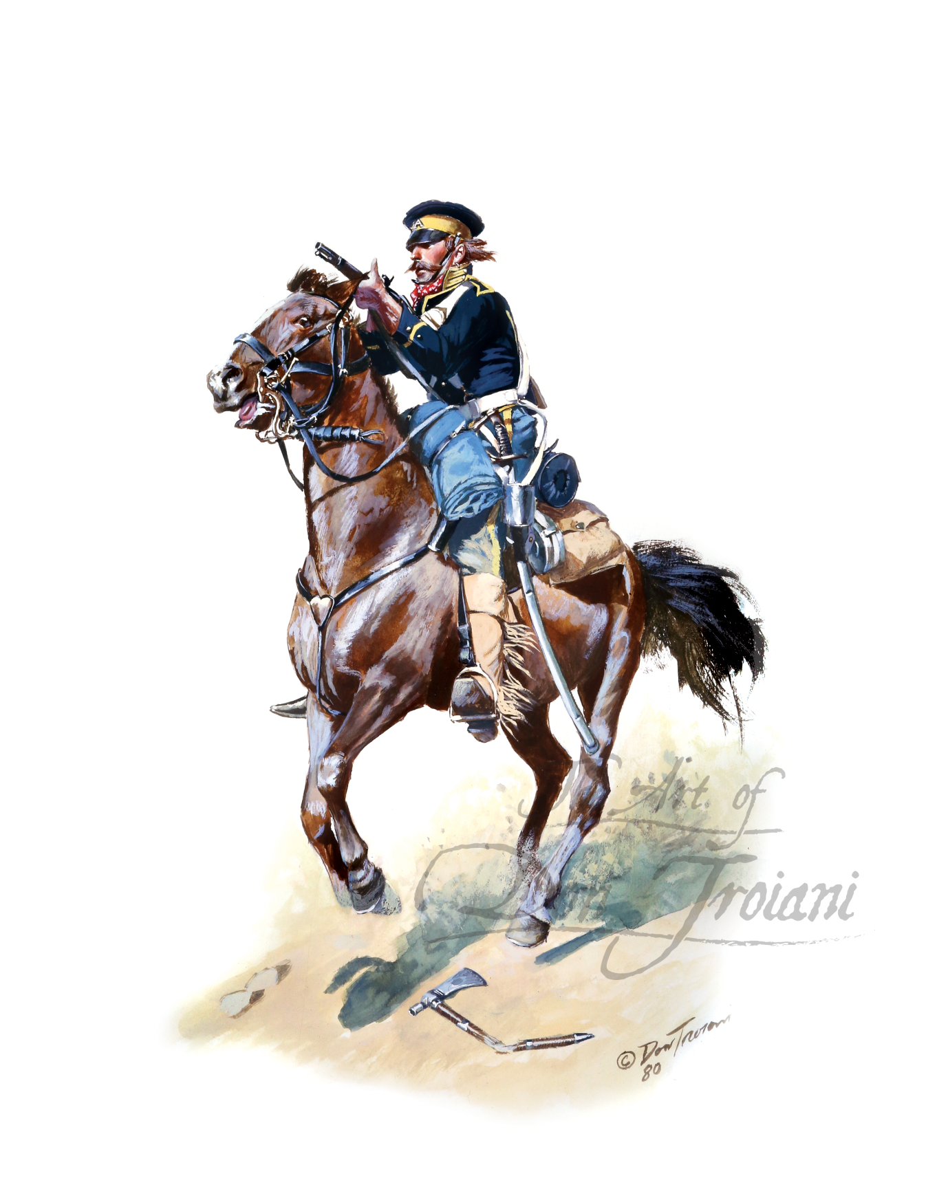 U.S. Dragoon on Horseback. Painting of a soldier on horseback with a white background