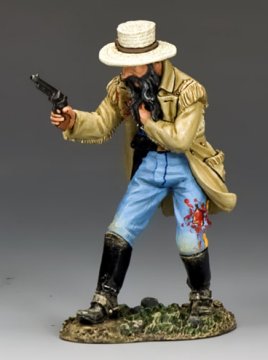 A figurine of a bearded man in a tan coat, blue pants, black boots, and a straw hat aiming a pistol. There is a bloodstain on his upper thigh, and he stands on a textured base.