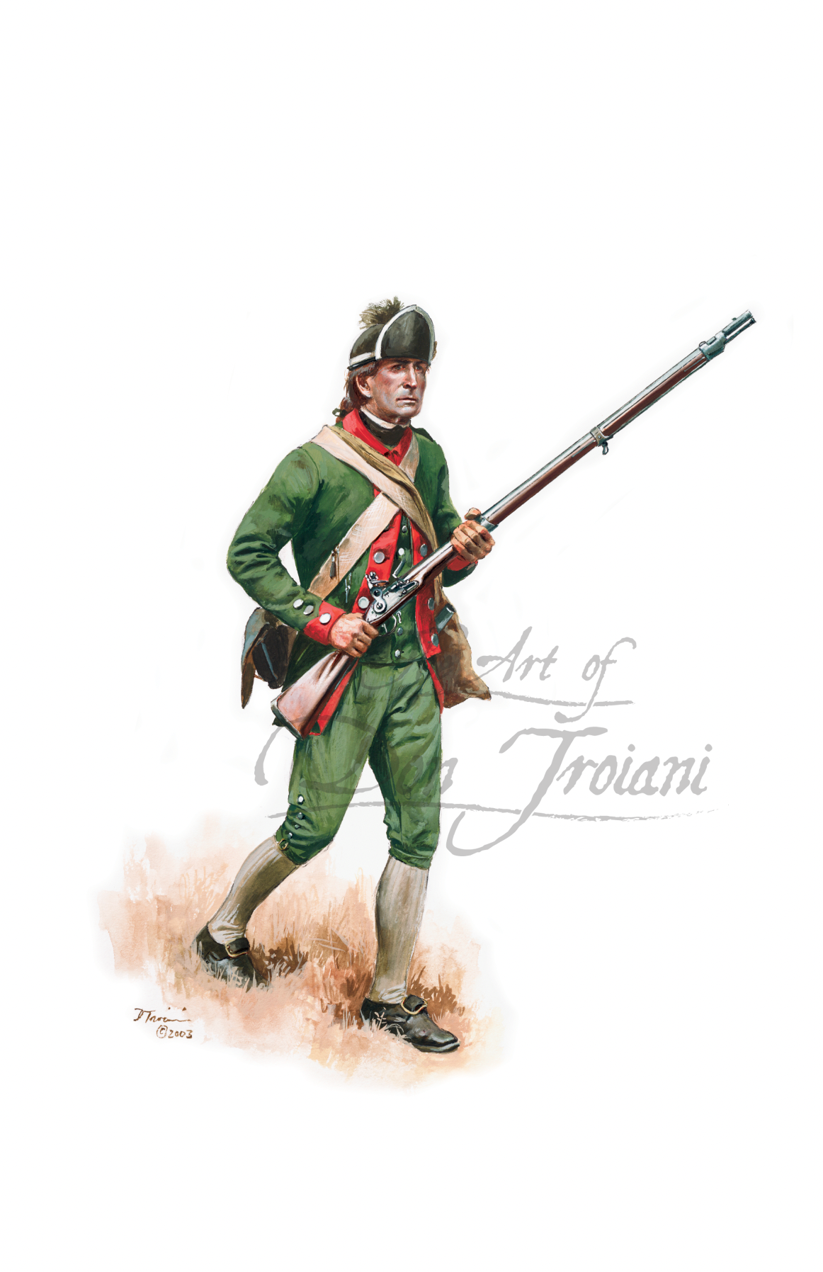 1st New Hampshire Regiment. Artistic depiction of a soldier in historical uniform holding a rifle.