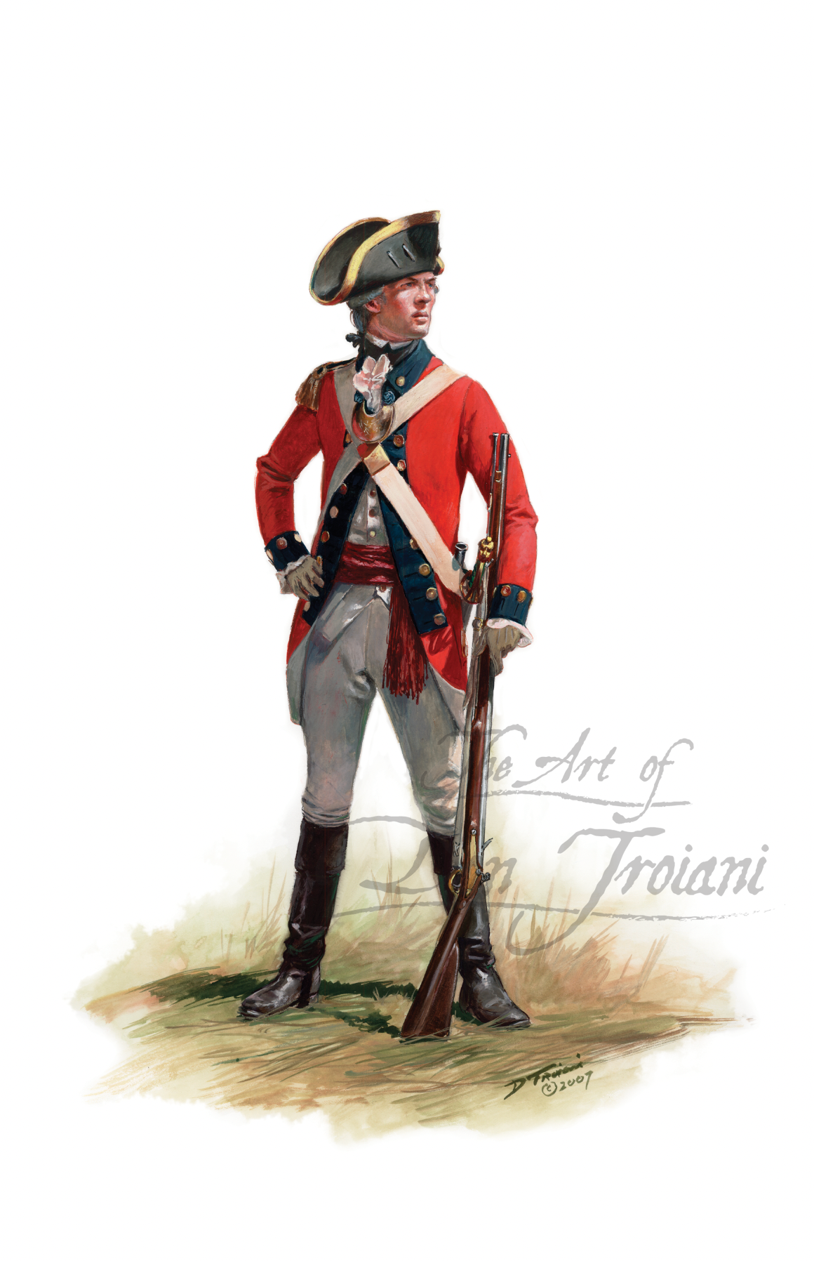 Loyalist: Officer of The King's American Regt. Painting of a soldier in colonial uniform holding a rifle on a white background, with 'The Art of Troiani' logo.