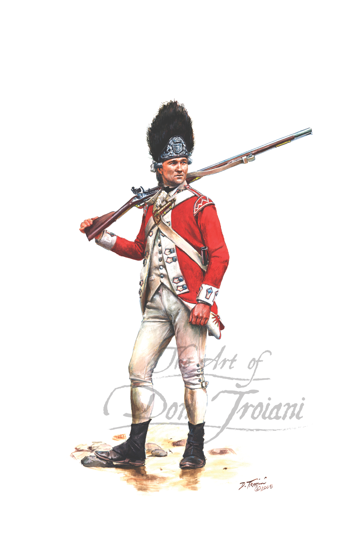 Grenadier Private British Marines,. Artistic depiction of a British soldier in red uniform with a rifle on a white background, signed 'The Art of Don Troiani'.