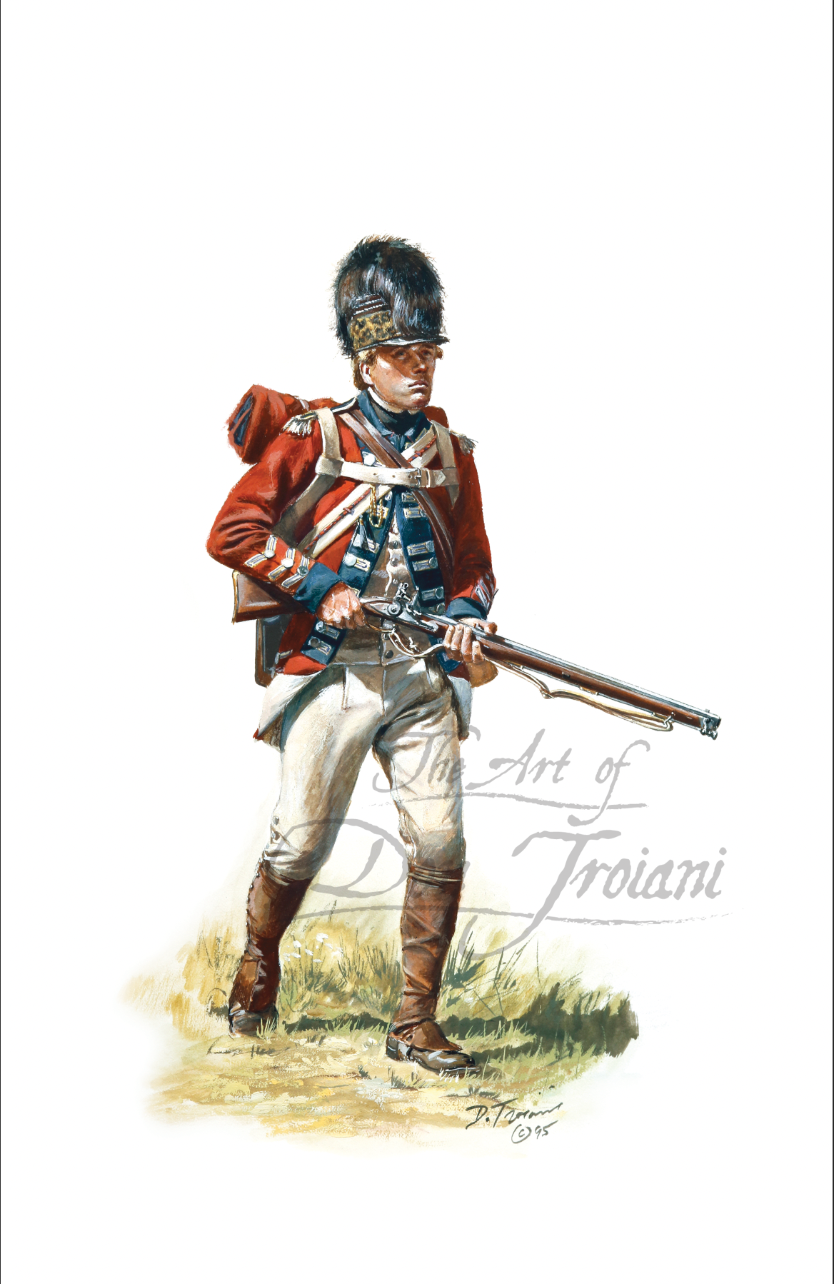 Artistic depiction of a soldier in historical military uniform with a rifle.