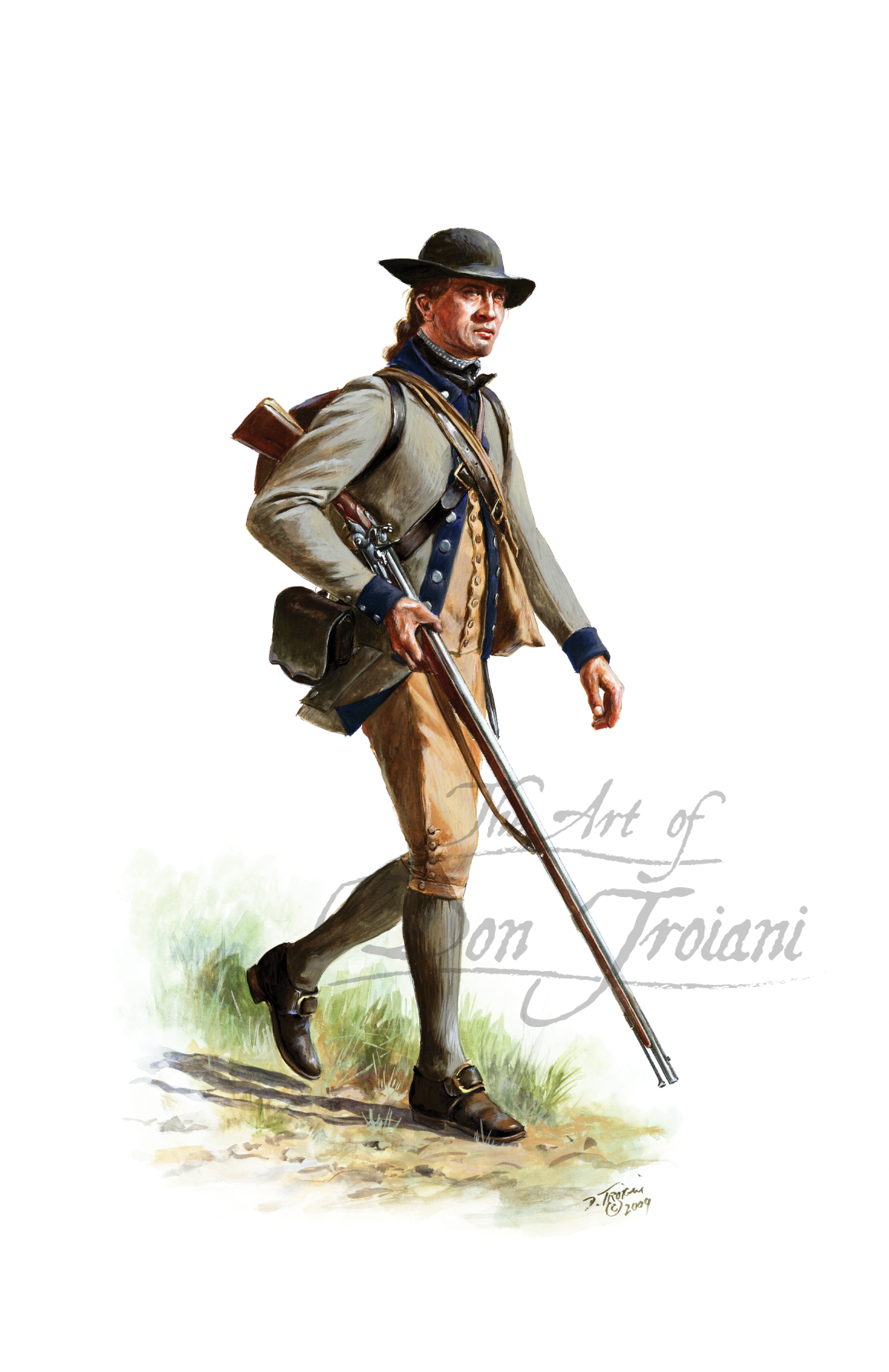 4th New York Battalion, Private. Artistic depiction of a Revolutionary War soldier with a rifle and backpack on a white background.