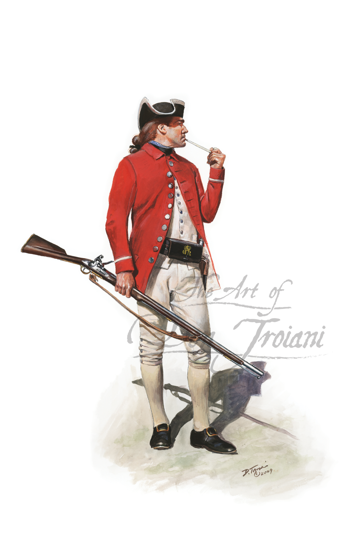 Artistic depiction of a soldier in red uniform with a rifle.