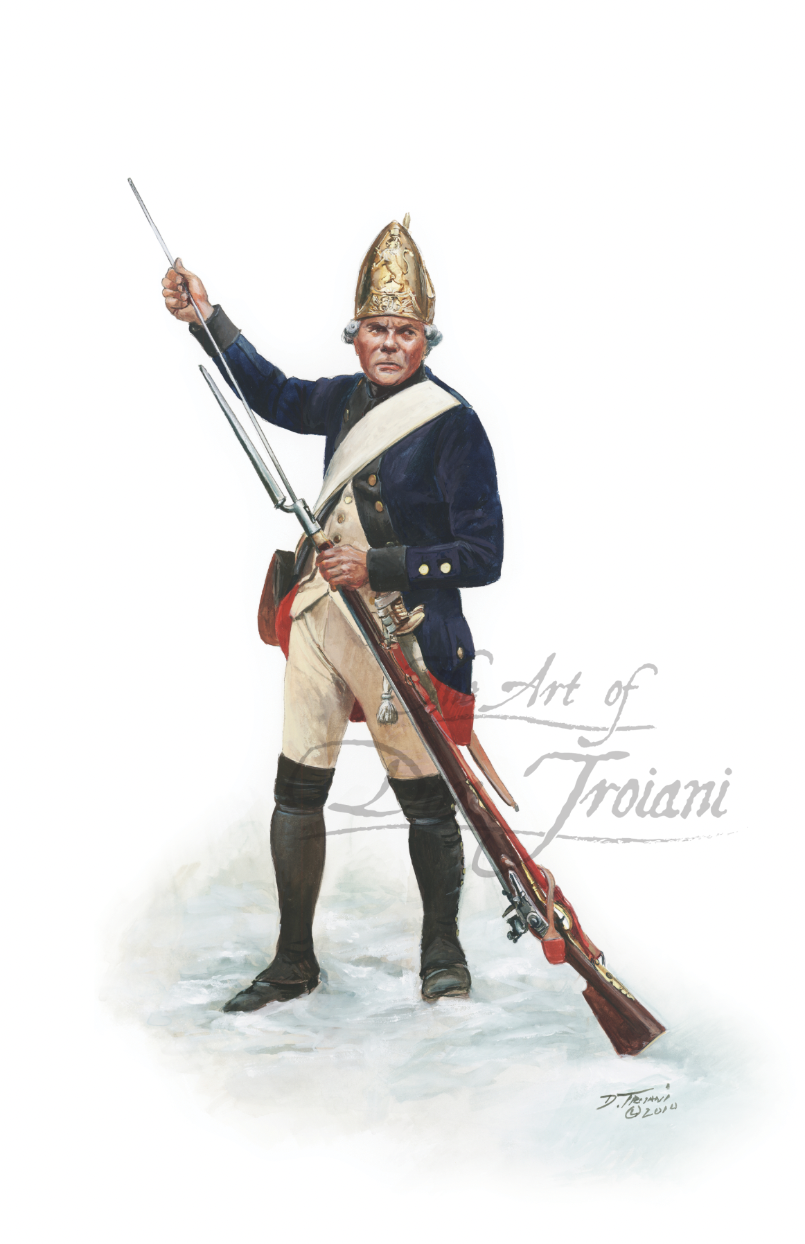 Artistic depiction of a soldier in historical uniform holding a rifle on a white background.