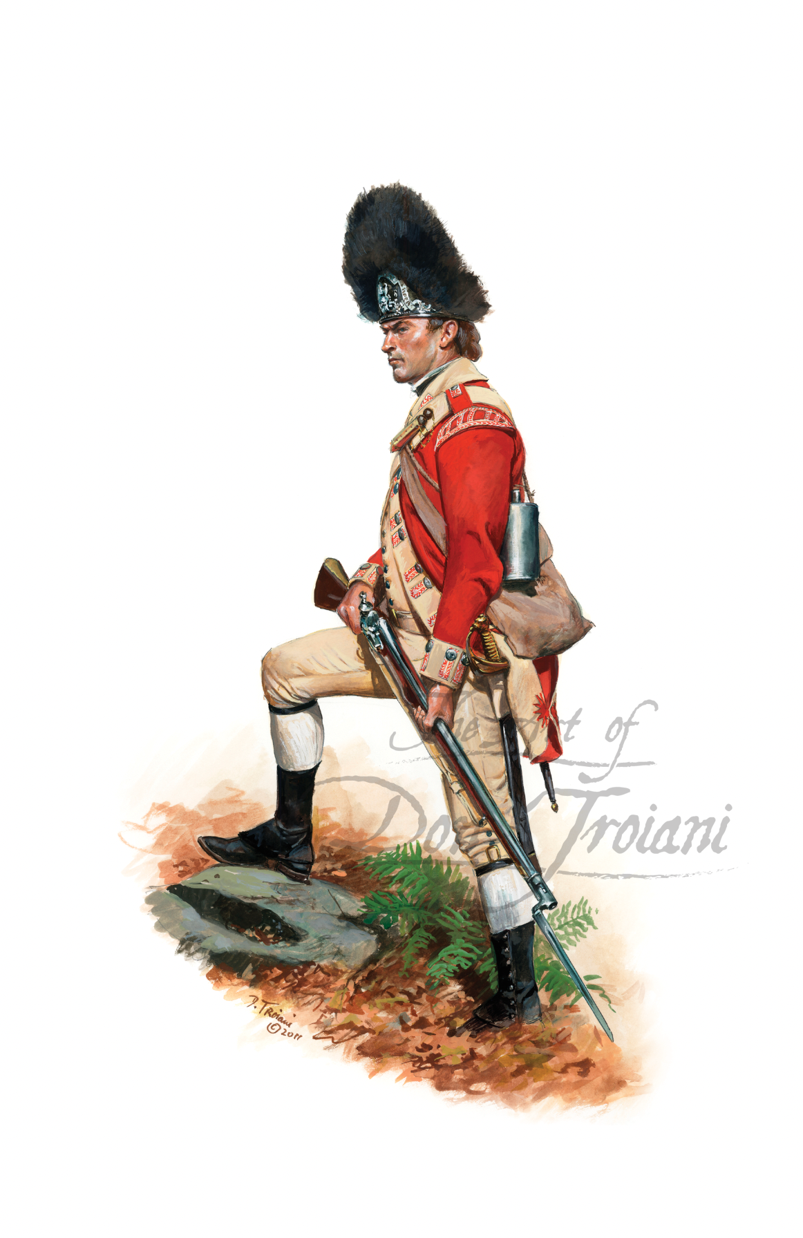 52nd Regiment Of Foot, Private Grenadier Company. Illustration of a soldier in historical military uniform with a rifle, standing on a rock with grass.