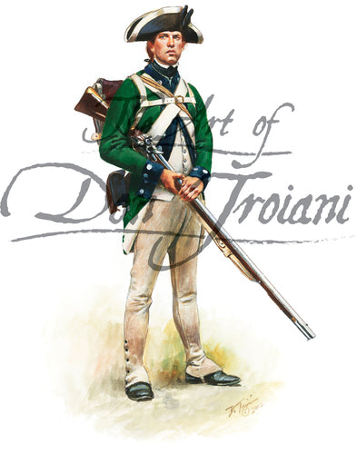Don Troiani wall art print Loyalist: Prince of Wales American Regiment. Soldier is wearing a green jacket.
