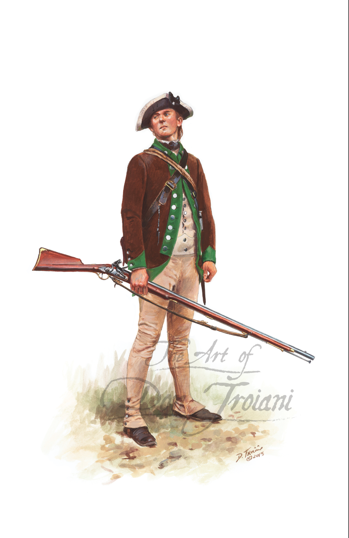 1st Pennsylvania Battalion Private. Illustration of a Revolutionary War soldier holding a rifle on a white background