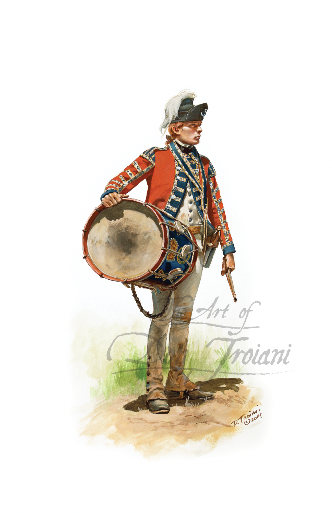 21st Regiment Of Foot. Illustration of a soldier in historical uniform with a drum, signed by Troiani.