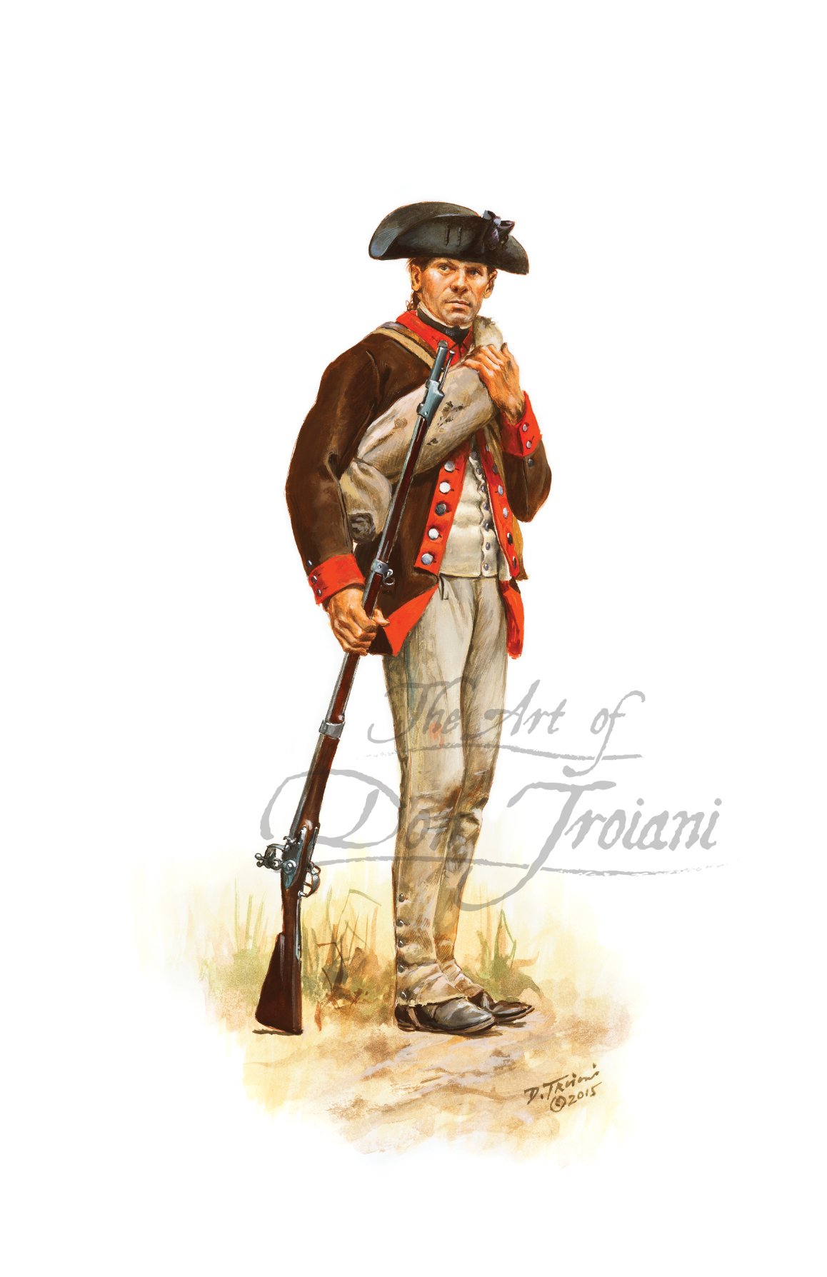 12th Massachusetts Regiment Private. Illustration of a colonial soldier holding a rifle on a white background