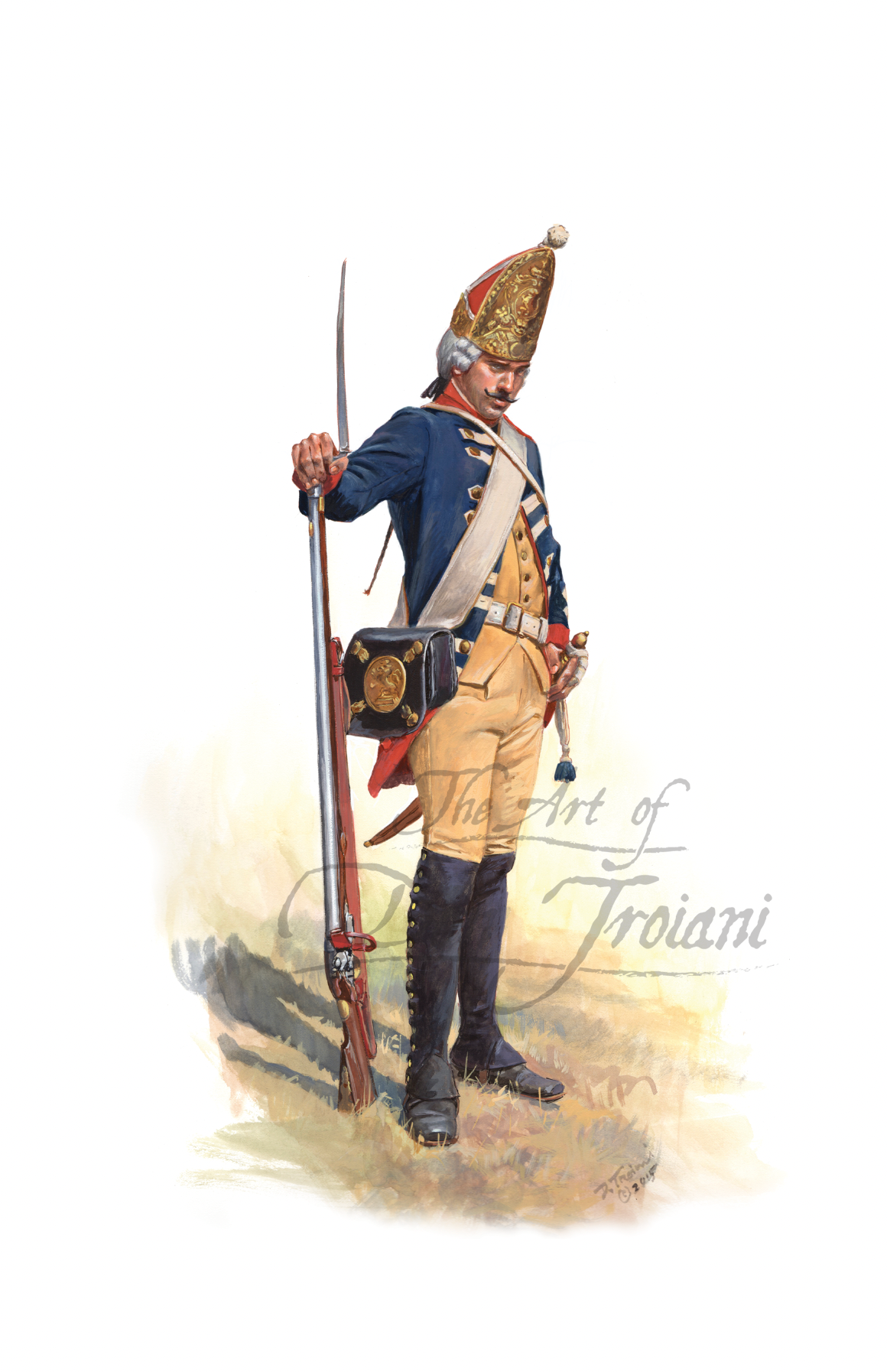 Painting of a soldier in historical uniform holding a rifle on a white background
