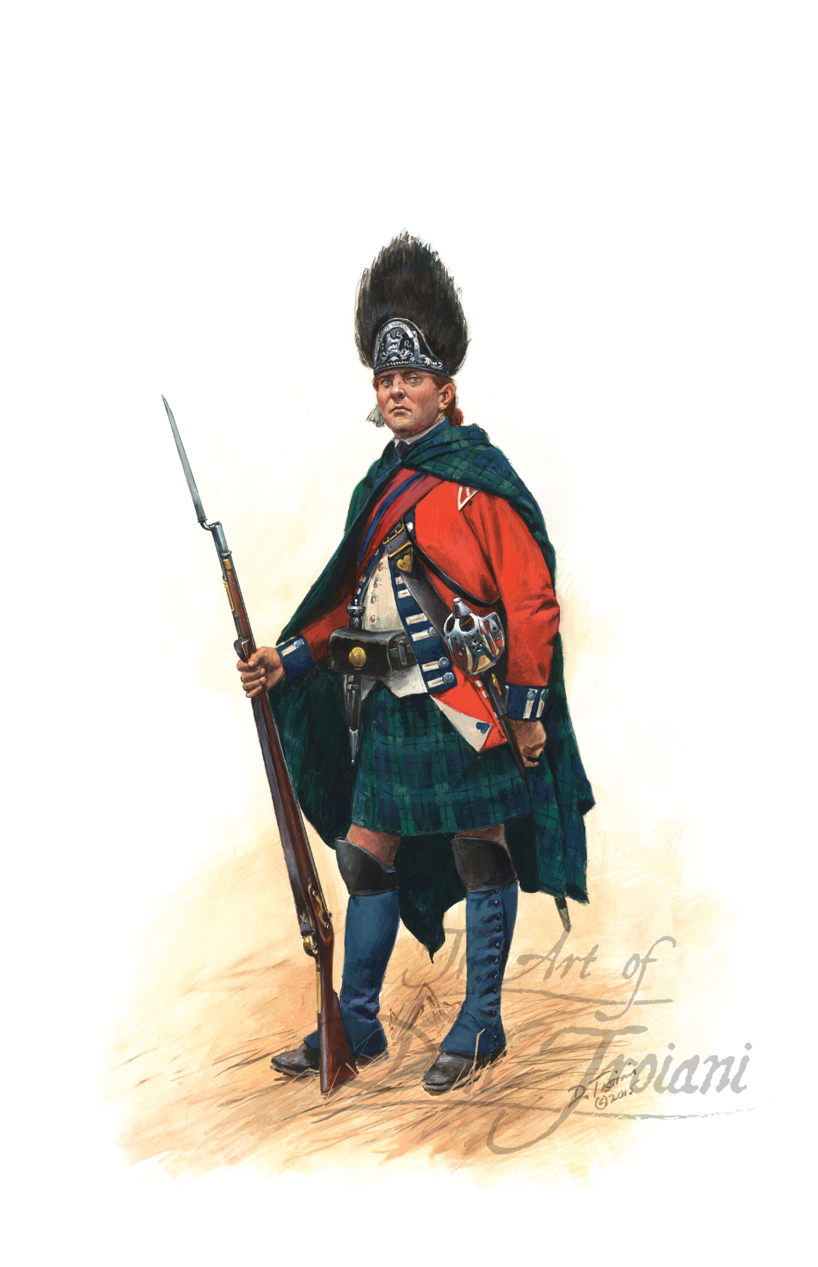 Painting of a soldier in traditional Scottish attire holding a rifle on a white background.