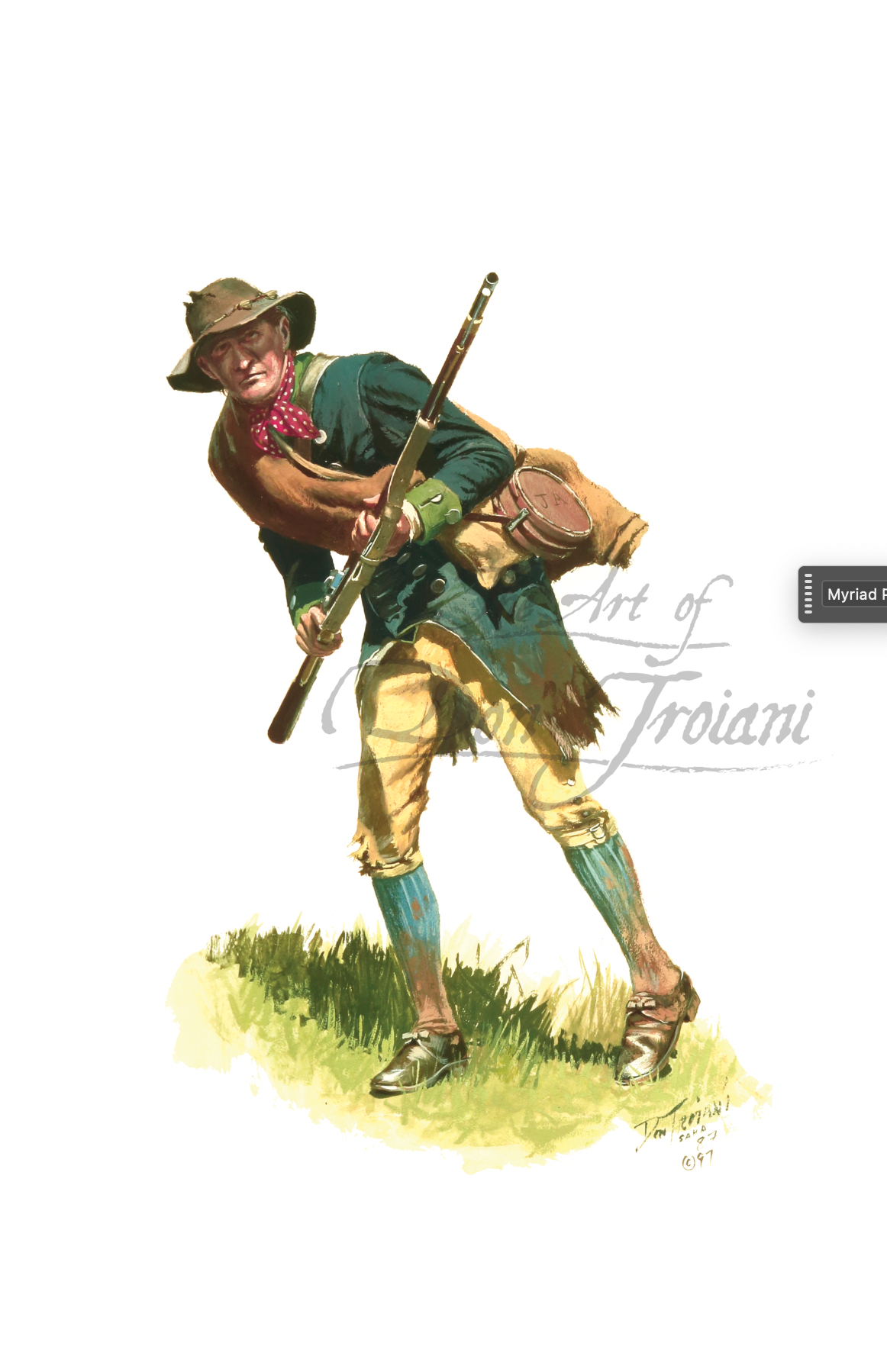 Virginia Militia. Illustration of a character in colonial attire with a rifle, standing on grass.