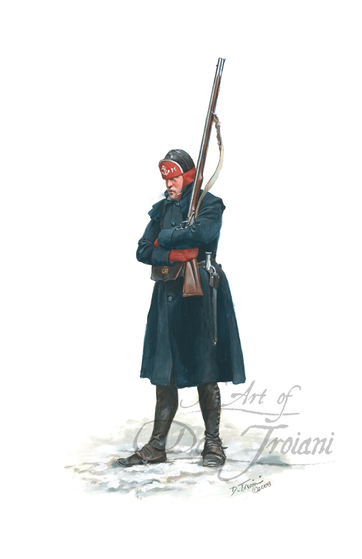 Painting of a soldier in winter clothing holding a rifle on a white background.