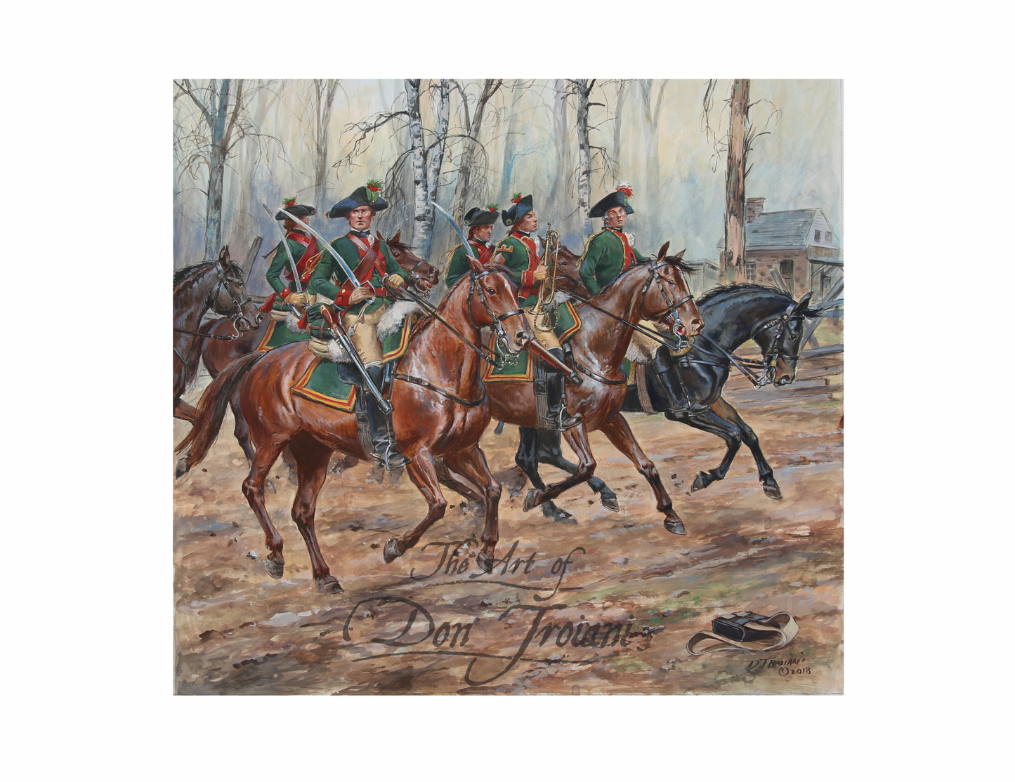 Painting of soldiers on horseback in a forested area with 'Don Troiani' signature.