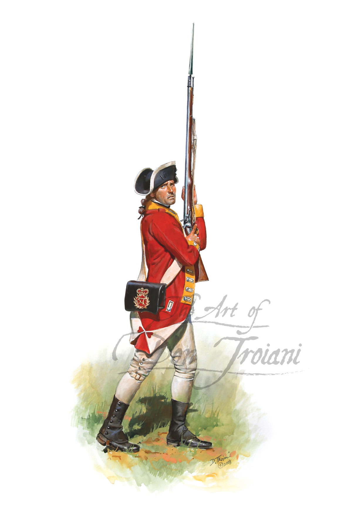 Illustration of a soldier in red uniform holding a rifle.
