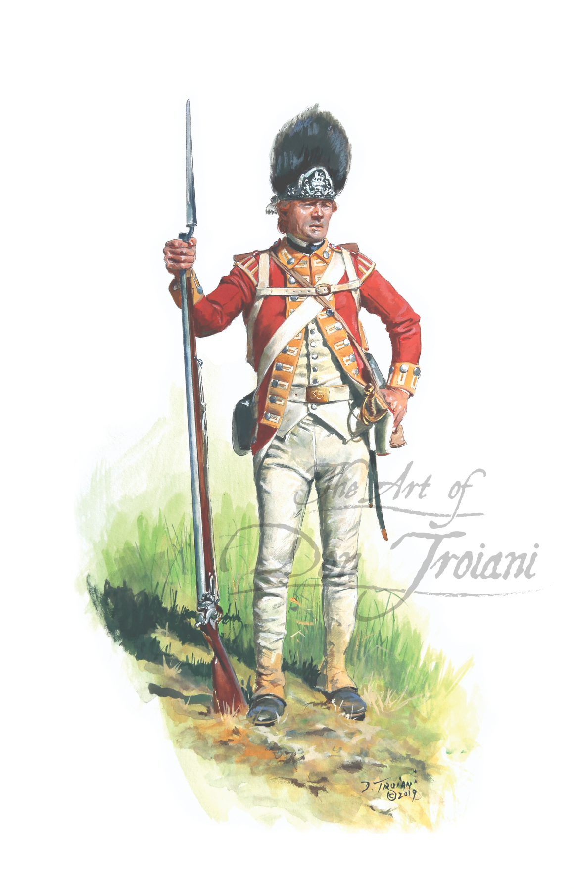 Illustration of a soldier in historical uniform holding a rifle on a white background.