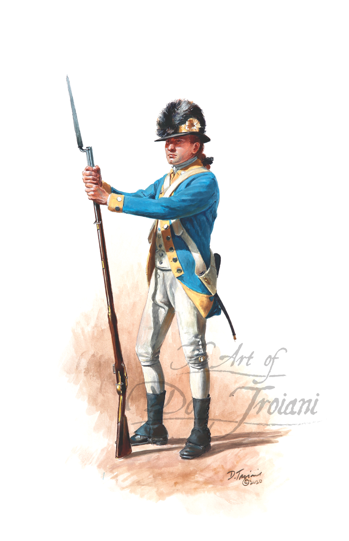 Quaker Blues. Artistic depiction of a soldier in historical uniform holding a rifle on a white background.