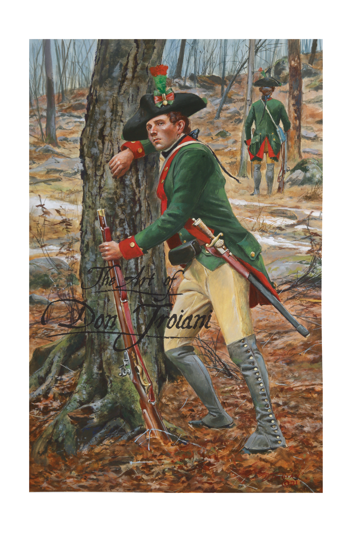 Painting of a Revolutionary War soldier in a forest setting with another soldier in the background.
