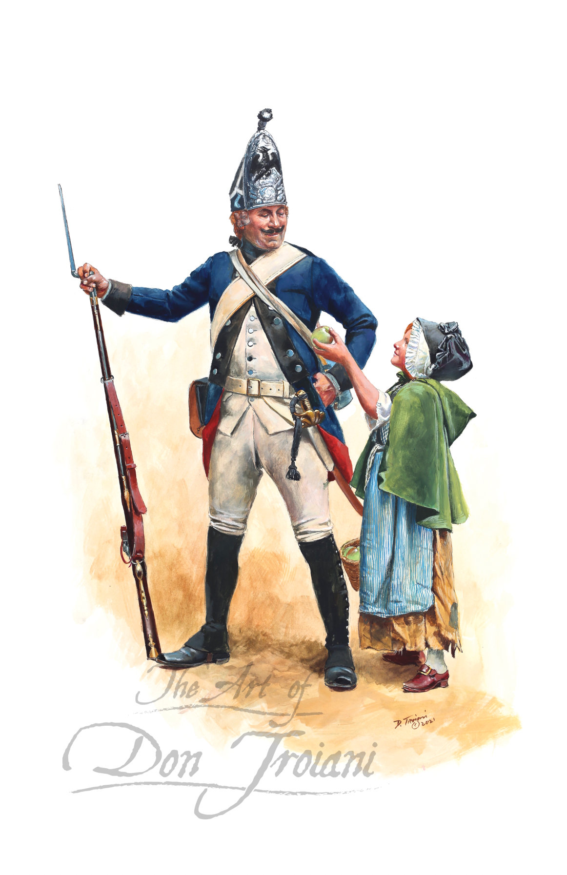 Illustration of a soldier with a child holding a coat, signed 'The Art of Don Troiani'.