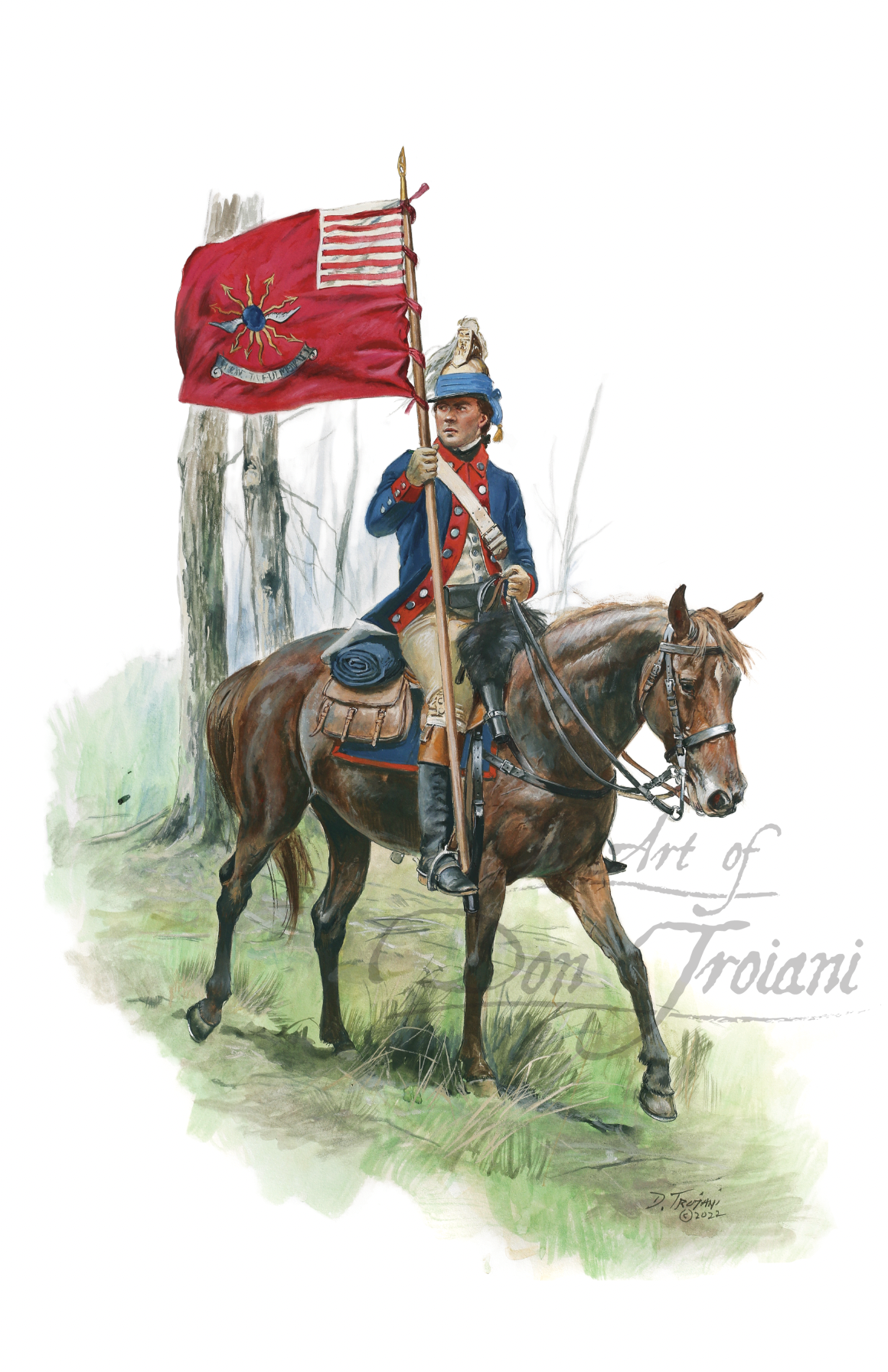 2nd Continental Light Dragoons. Painting of a soldier on horseback holding a flag in a forest setting.