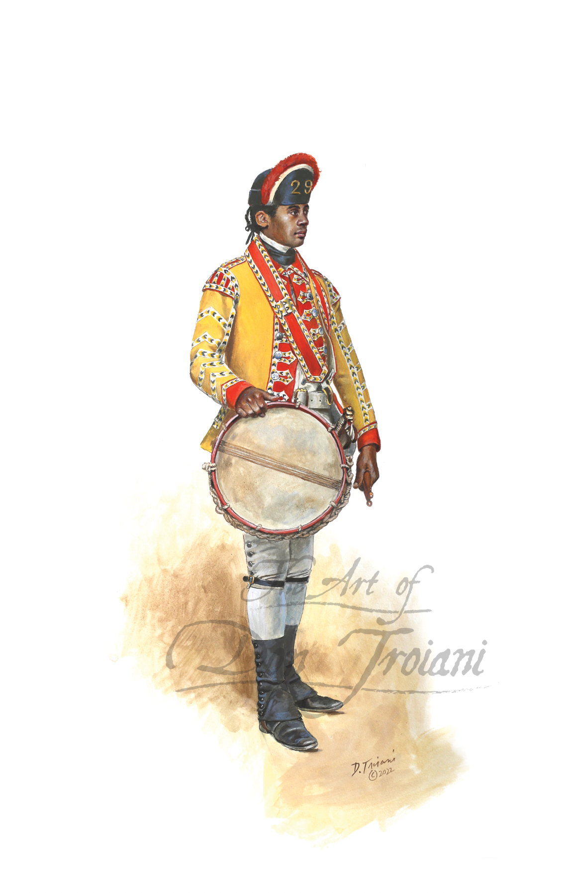 29th Regiment Drummer. Illustration of a person in historical military uniform holding a drum on a white background