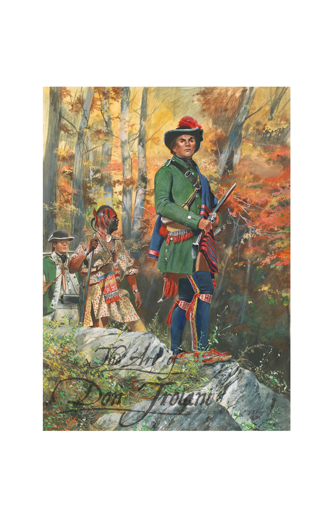 Painting of three figures in colonial attire in a forest setting.