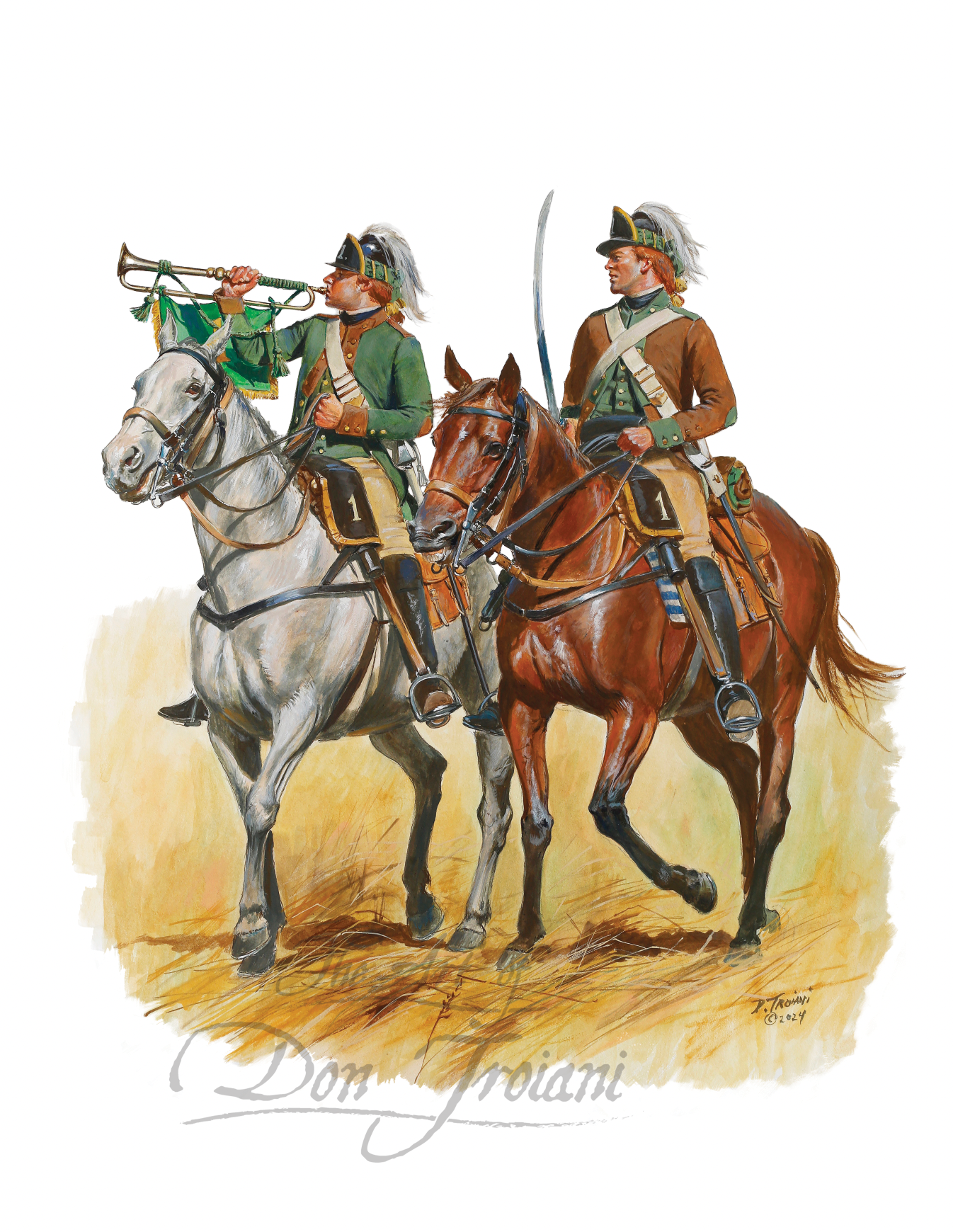 Two horseback riders in historical military uniforms on a plain background