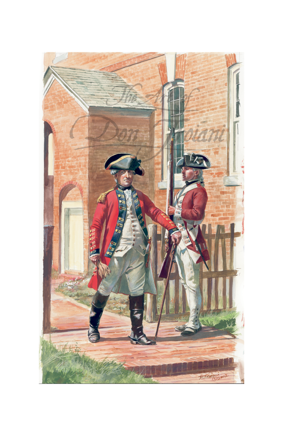 Cornwallis At Yorktown Virginia. Two men in colonial uniforms standing in front of a brick building with a sign.