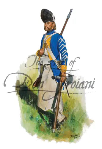 Don Troiani print of French Sapper, Royal Deux-Ponts Regiment, 1781, Revolutionary War soldier in blue and yellow uniform with bearskin cap.
