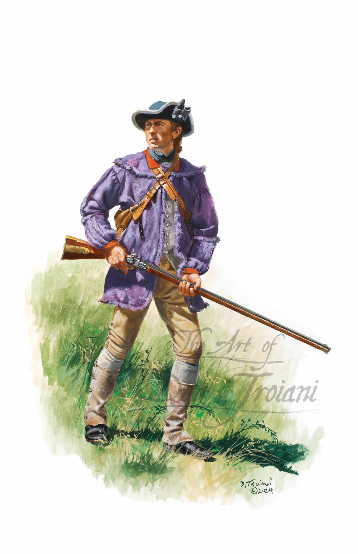 Rifleman. Illustration of a soldier in historical uniform holding a rifle on a grassy background.