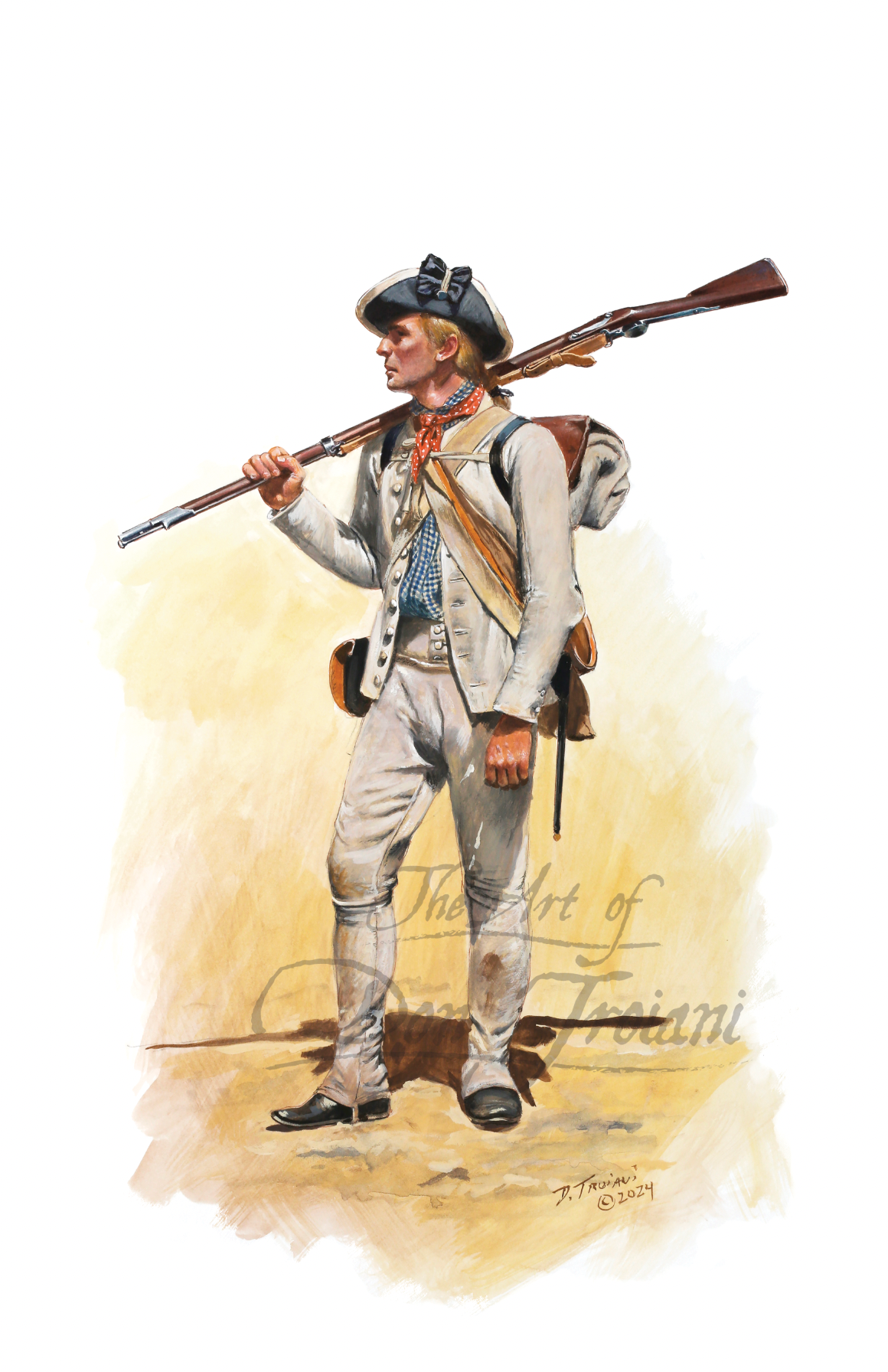 Private in Marching Order, Illustration of a colonial soldier holding a rifle on a beige background