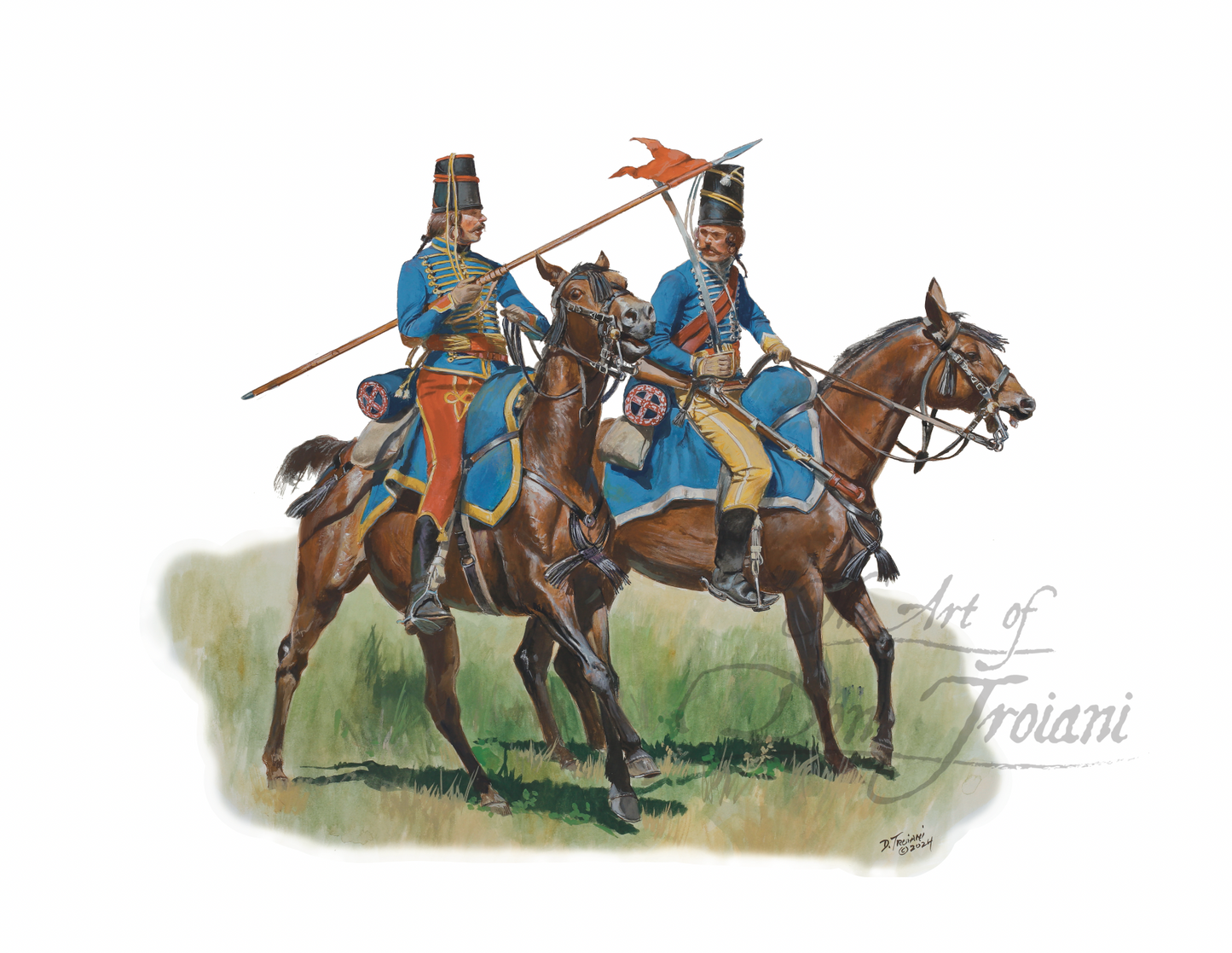 Lauzun Legion Lancer & Hussar, 1781 Two horseback riders in blue uniforms with flags, on a grassy field background.