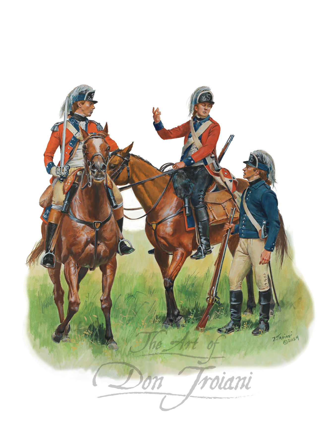 4th Continental Light Dragoons. Illustration of three soldiers on horseback with rifles, signed 'The Art of Don Troiani'.