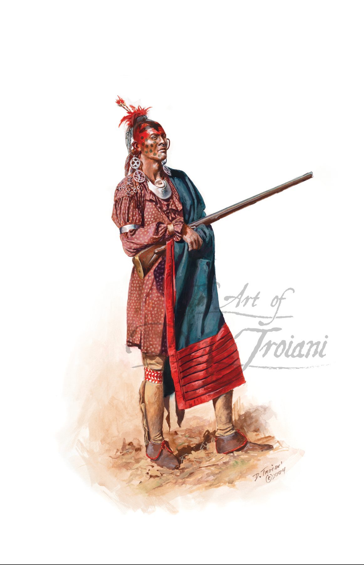 Illustration of a Native American warrior holding a rifle.