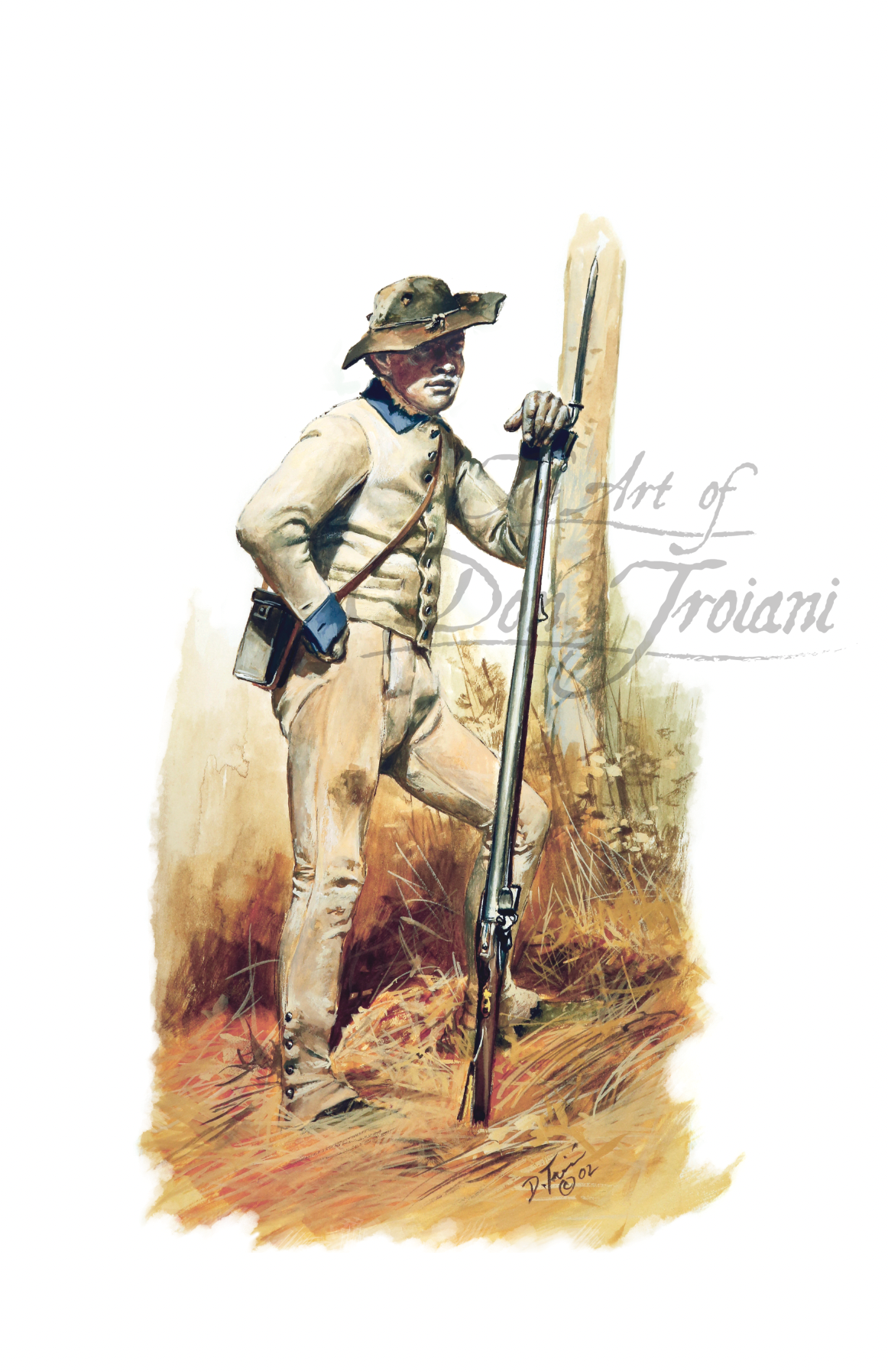 Gaskin’s Virginia Battalion. Painting of a soldier holding a rifle in a natural setting.