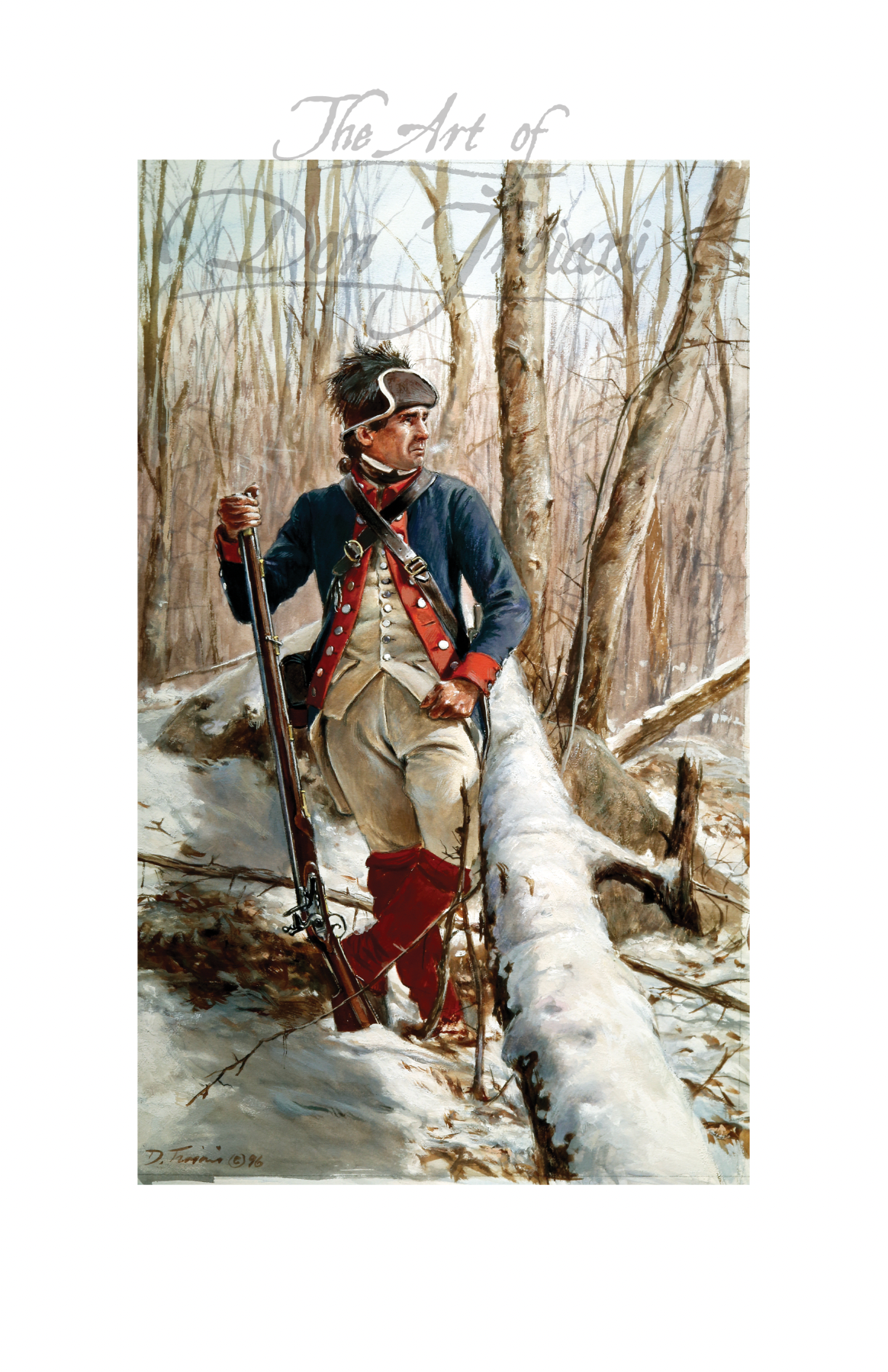 Pennsylvania Black Irishman. Painting of a soldier in winter gear with skis and rifle in a snowy forest.