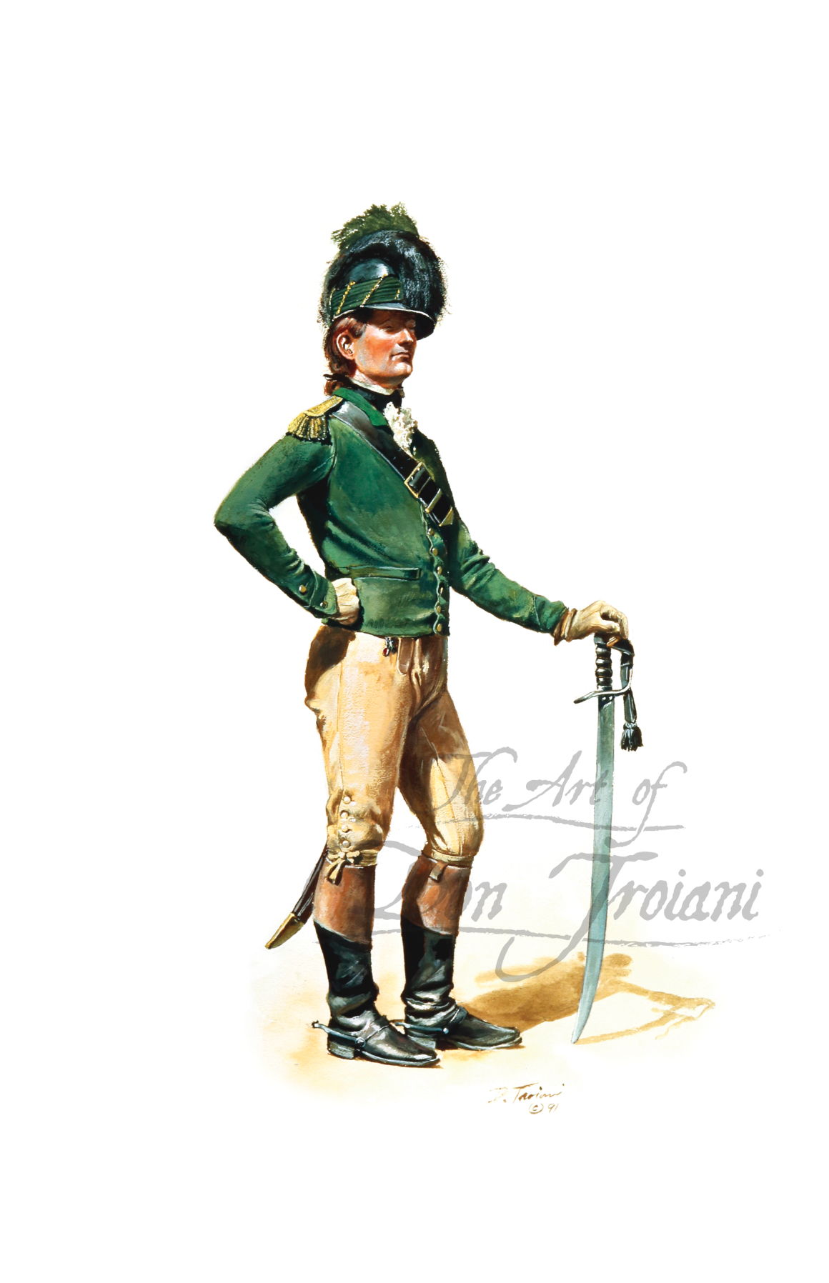 Lee’s Partizan Legion. Illustration of a soldier in green uniform with a sword, on a white background.