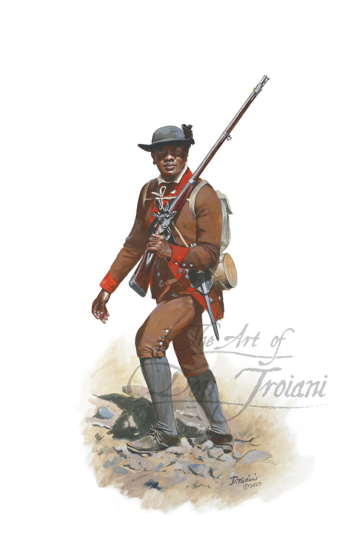 Artistic depiction of a soldier in historical military attire with a rifle.