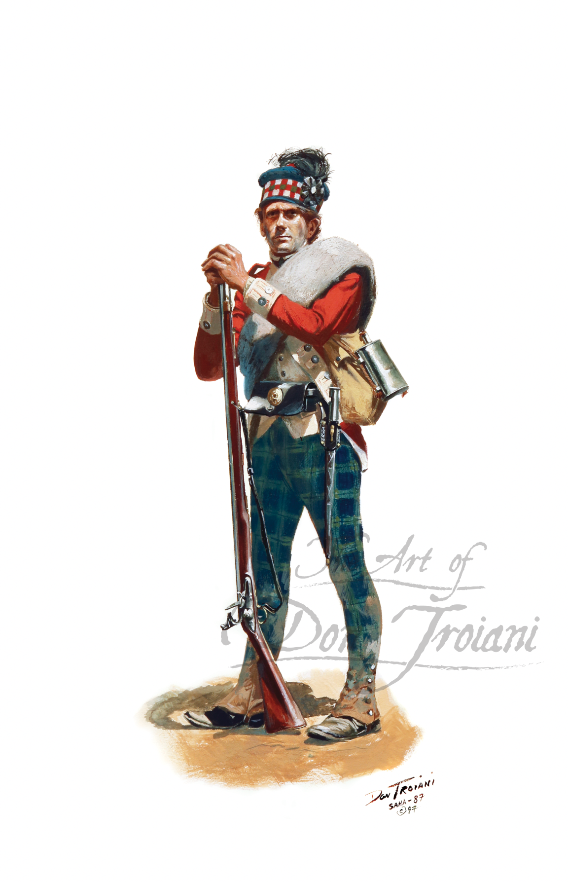 Illustration of a Revolutionary War soldier holding a rifle on a white background